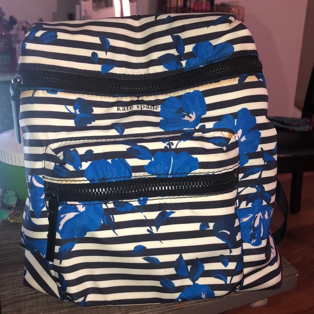 Kate spade blue floral w/ B&W stripes backpack